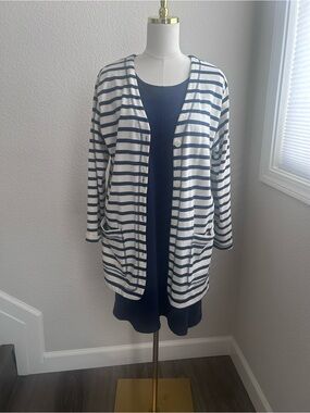 Posh Navy & White Striped Button-Front Cardigan with Navy Dress